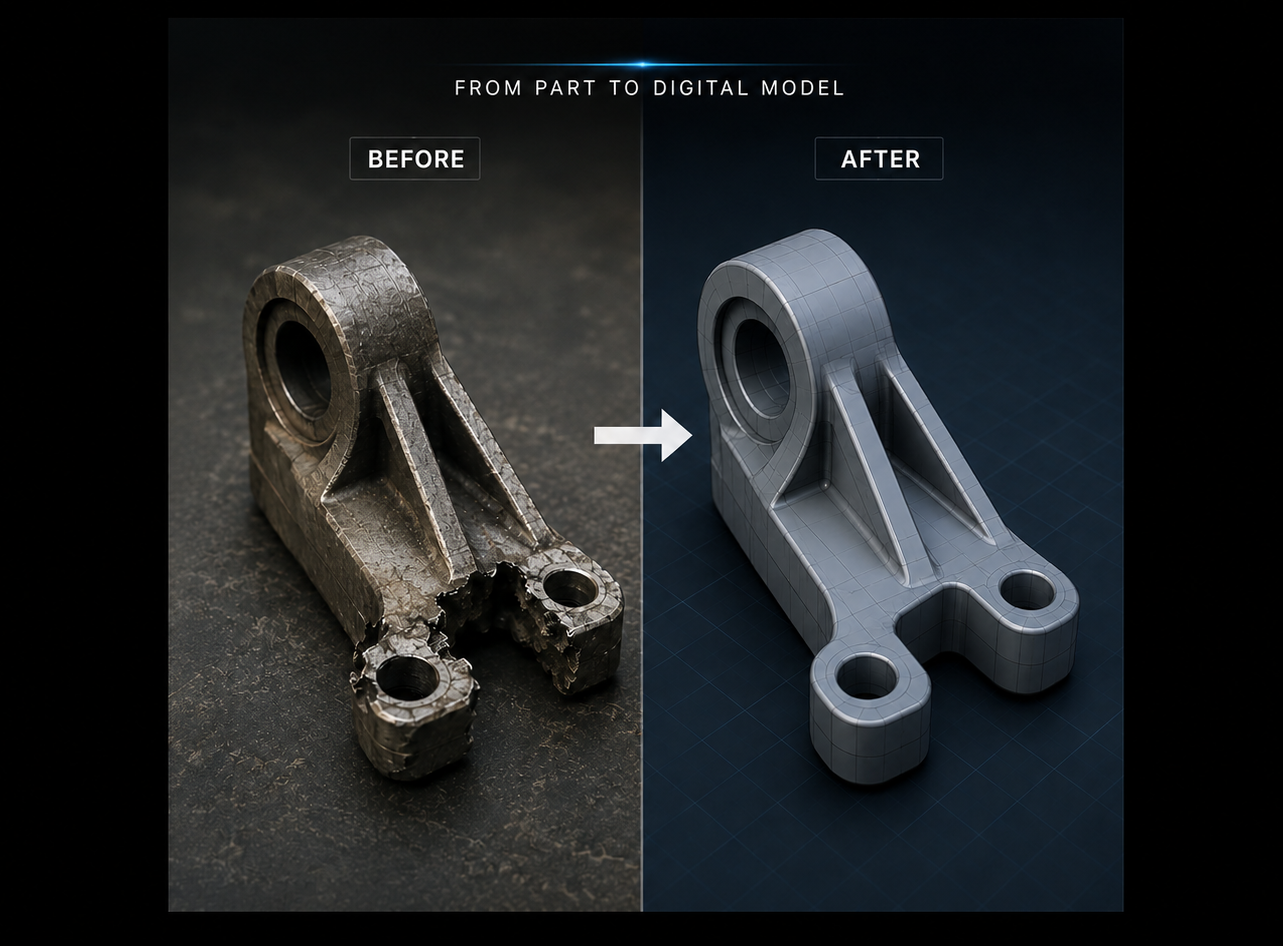 Reverse engineering service creating a custom 3D printed replacement part from a damaged component